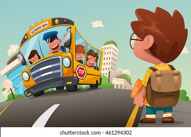 A vector illustration of cute kid waiting at a bus stop