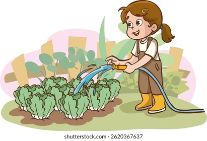 Vector Illustration of Cute Kid Watering His Plants in the Garden