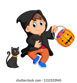 vector illustration of Cute kid witch walking in black cloak