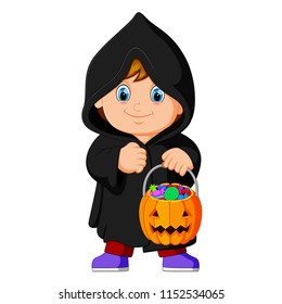 vector illustration of Cute kid witch walking in black cloak