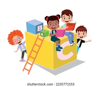 Vector illustration of cute kids with Abc blocks, abc letters