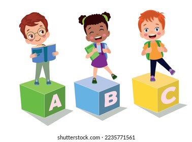 Vector illustration of cute kids with Abc blocks, abc letters