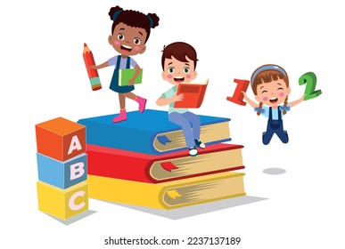 Vector illustration of cute kids with Abc blocks, abc letters