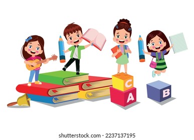 Vector illustration of cute kids with Abc blocks, abc letters