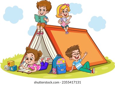 Vector illustration of cute kids book reading