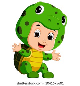 vector illustration of Cute kids cartoon wearing turtle costume