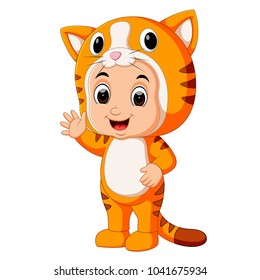 vector illustration of Cute kids cartoon wearing cat costume