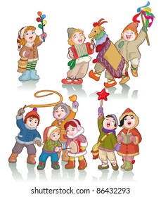 Vector illustration, cute kids celebrating winter, cartoon concept, white background.