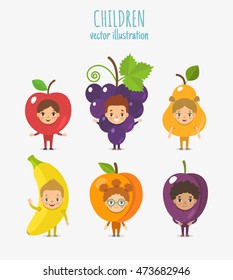 Vector illustration of cute kids dressed in fruit costumes: apple, grape, pear, banana, peach and plum.