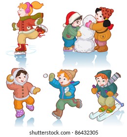 Vector illustration, cute kids enjoying winter, cartoon concept, white background.