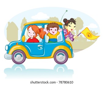Vector illustration, cute kids going on a trip, card concept.