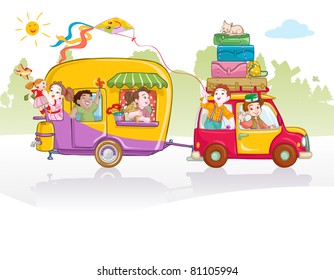 Vector illustration, cute kids going in a trip, card concept.