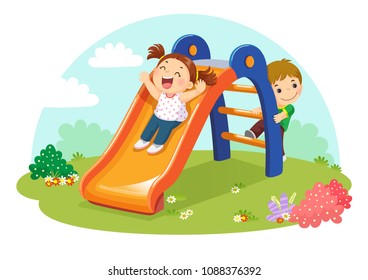 Vector illustration of cute kids having fun on slide in playground