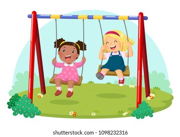 Vector illustration of cute kids having fun on swing in playground