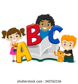 Vector Illustration Of Cute Kids Holding A Book ABC