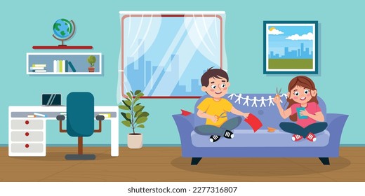 Vector illustration of cute kids making paper airplanes. A cartoon scene with a smiling boy and girl sitting in a room on a sofa and cutting out paper airplanes isolated on a white background.