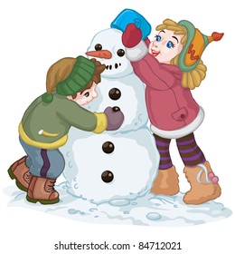 Vector Illustration, Cute Kids Making A Snowman, Cartoon Concept, White Background.