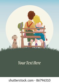 Vector illustration, cute kids on a bench, card concept.