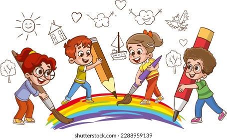 vector illustration of cute kids painting together 