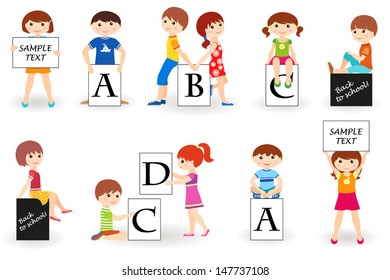 Vector illustration of cute kids with placards with letters