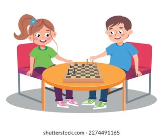 Vector illustration of cute kids playing chess. Cartoon scene with a smiling boy and girl sitting at a table with a chess board and playing chess isolated on white background.