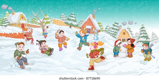 Vector illustration, cute kids playing winter games, card concept.