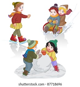Vector illustration, cute kids playing winter games , cartoon concept, white background.