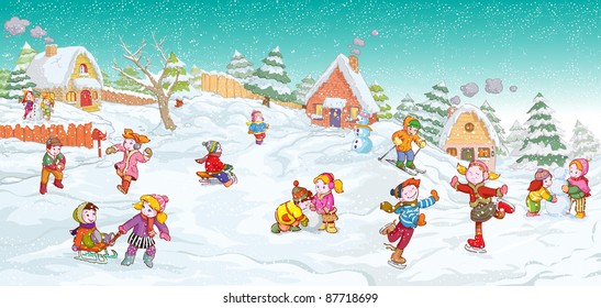 Vector illustration, cute kids playing winter games, card concept.