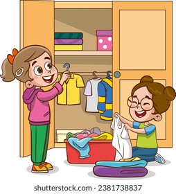 ilustración vectorial de niños lindos poniendo su ropa en el armario. Niños pequeños felices limpiando las tareas domésticas.