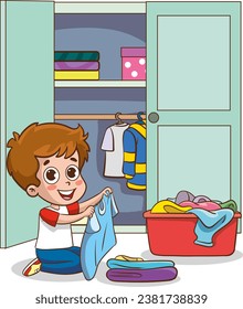 vector illustration Of cute kids putting their clothes in the wardrobe.Happy little children doing housework cleaning.