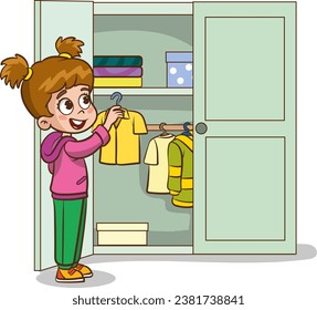 vector illustration Of cute kids putting their clothes in the wardrobe.Happy little children doing housework cleaning.