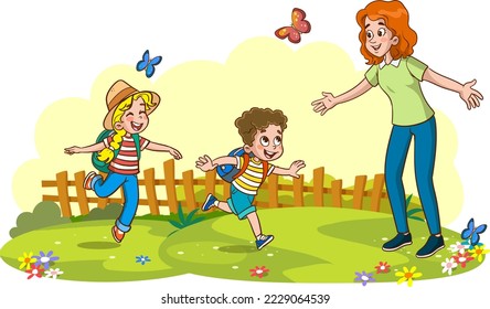 vector illustration of cute kids running to hug their mom.mother and children love.