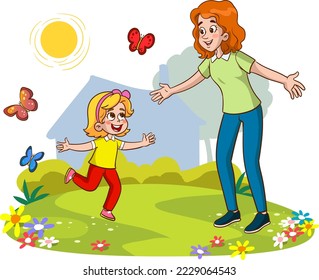 vector illustration of cute kids running to hug their mom.mother and children love.