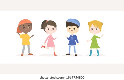 Vector Illustration Of Cute Kids Say Hi Set