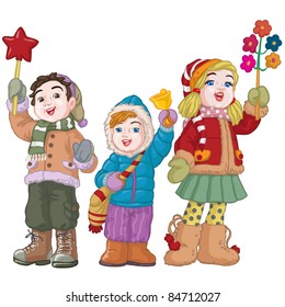 Vector illustration, cute kids singing carols, cartoon concept, white background.