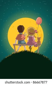 Vector illustration, cute kids sitting on a bench in a clear night, cartoon concept.