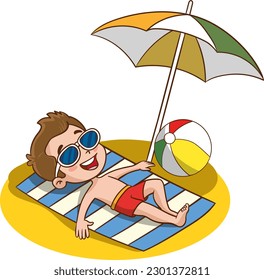 vector illustration of cute kids sunbathing on the beach