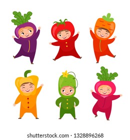 Vector illustration of cute kids in vegetables costumes. Character template for packaging.
