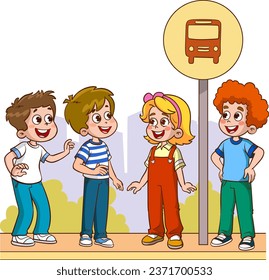 vector illustration of cute kids waiting for school bus