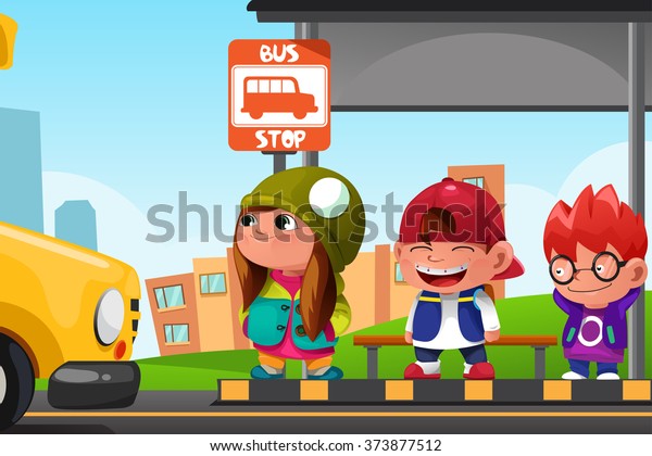 バス停で待っているかわいい子どもたちのベクターイラスト のベクター画像素材 ロイヤリティフリー