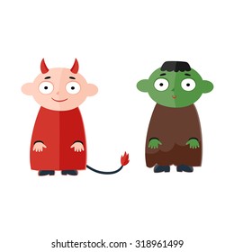 Vector illustration of cute kids wearing halloween costumes: Devil and Frankenstein