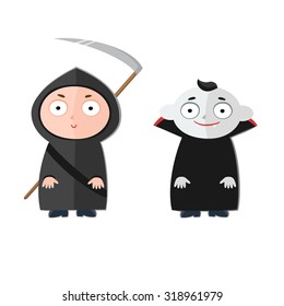 Vector illustration of cute kids wearing halloween costumes: Death and Dracula.