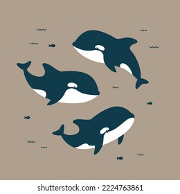 Vector illustration of cute killer whales
