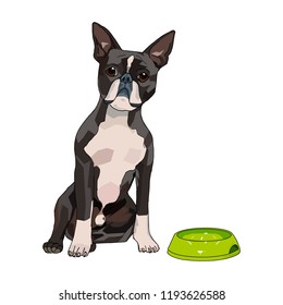 A vector illustration of cute and kind dog with the dog bowl