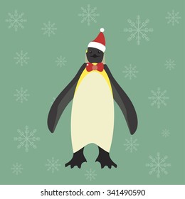 Vector illustration of a cute king penguin. Christmas background.