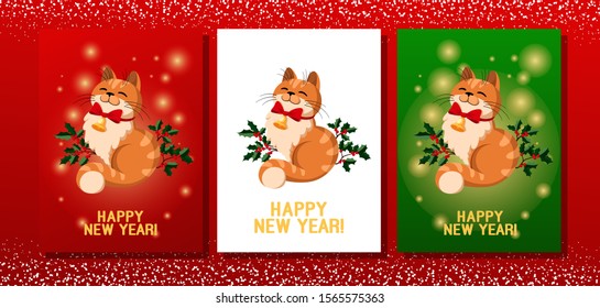 Vector illustration of a cute kitten with a bow and a bell. New year card, christmas poster. Cat, holiday illustration