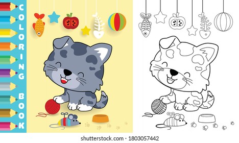 Vector illustration of cute kitten cartoon with it toys, coloring page or book