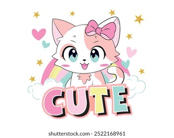 Vector illustration, cute kitten. Design for printing on shirt, poster, banner. White text on pink background. Lovely print for t-shirt