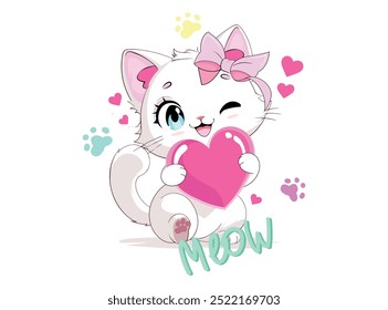 Vector illustration, cute kitten. Design for printing on shirt, poster, banner. White text on pink background. Lovely print for t-shirt