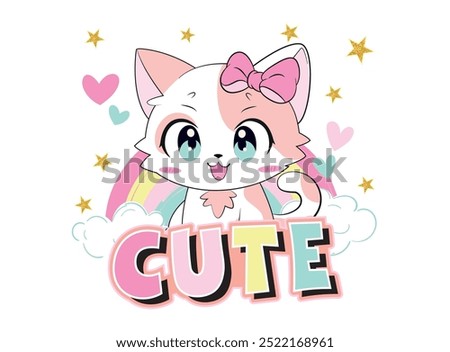 Vector illustration, cute kitten. Design for printing on shirt, poster, banner. White text on pink background. Lovely print for t-shirt